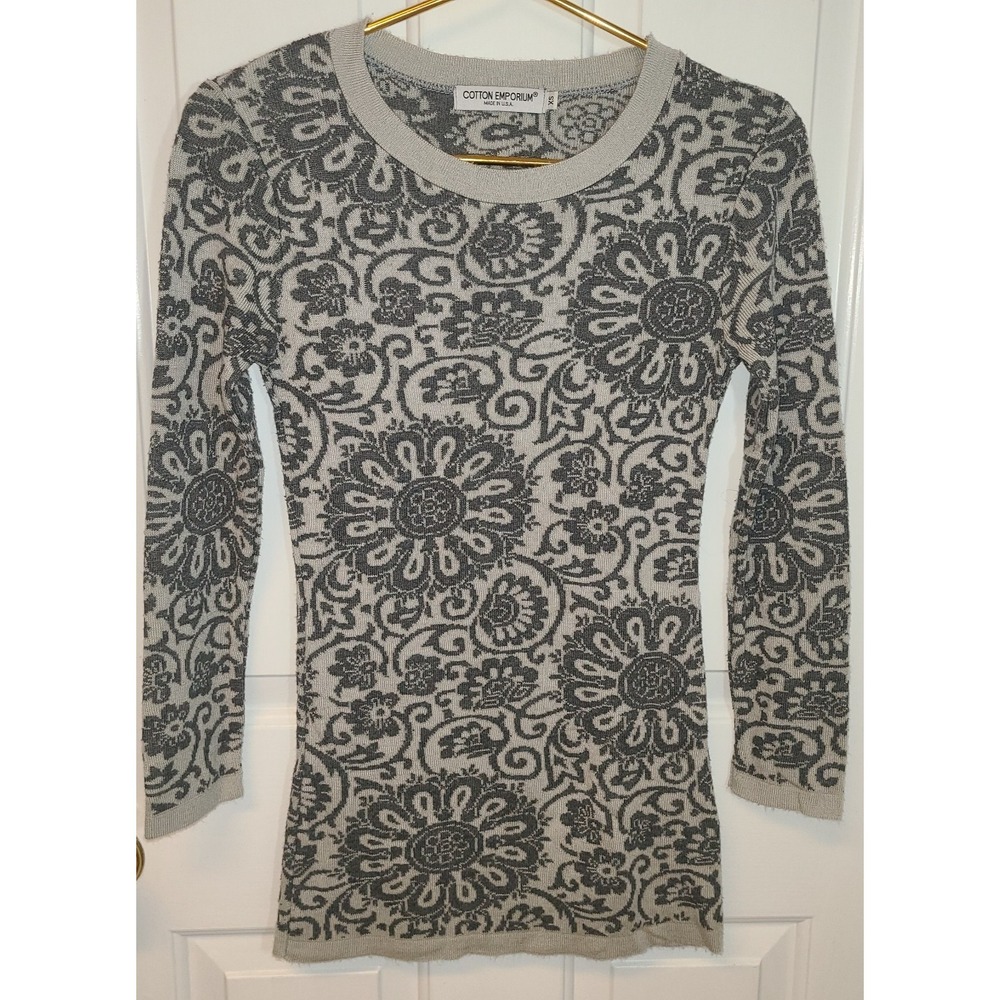 Cotton Emporium Women's XS Tight Knit Sweater Crew Neck Pullover Gray Beige USA